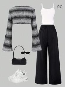 适合青春期女孩的 3 件套服装：喇叭袖格子短款针织罩衫、纯色背心和实用工装裤 - 休闲街头风格