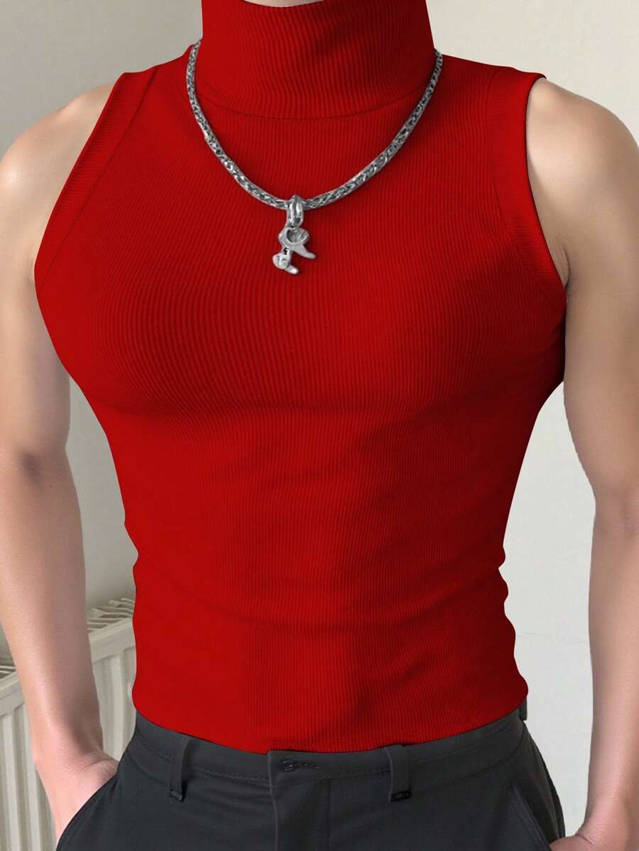 Manfinity Dauomo 男士夏季简约纯色修身高领背心 - 紅色 - 查看 1