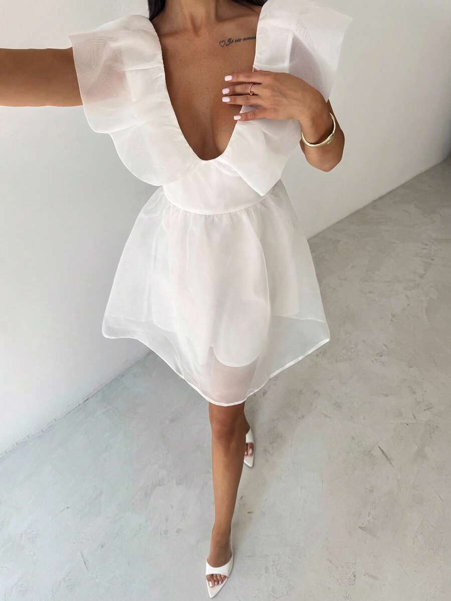 Firerie 女士优雅浪漫 V 领褶皱高腰薄纱迷你裙，适合约会、婚礼、派对、音乐节、日常穿着