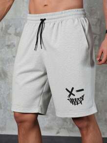 RueChic Pantalones cortos de hombre con cintura elástica con cordón y estampado de sonrisa