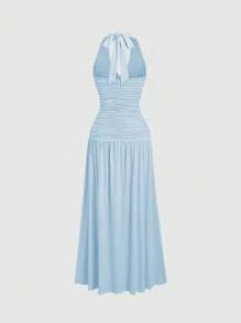 Sweetra Women's Elegant V-Neck Halter Ruched Ultra Long Dress, Summer - Blue - View 2