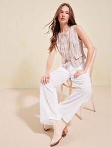 WESTFADE Pantalón ancho de verano de pierna suelta con cintura con cordón y tela de algodón 100% con bordado de flores, para vacaciones del 4 de julio - Blanco - Ver 4