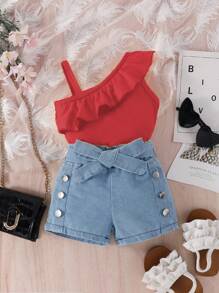SHEIN 女婴休闲不对称荷叶边下摆背心和牛仔短裤两件套，夏季 - 紅色 - 查看 1