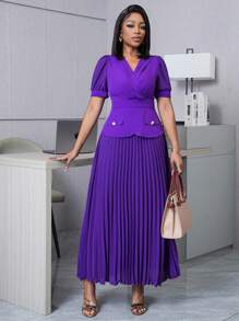 SHEIN Unity Women's Waist-Cinching Splice Pleated 2 In 1 Dress - Purple - View 6
