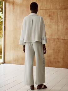 Lumivelle 2pcs/Set Women Casual Cardigan Shirt & Lace Hem Pants - Khaki - View 2