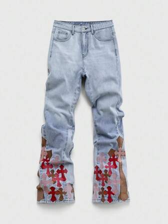Grunge Punk Men's Casual Washed Cross Embroidery Denim Jeans