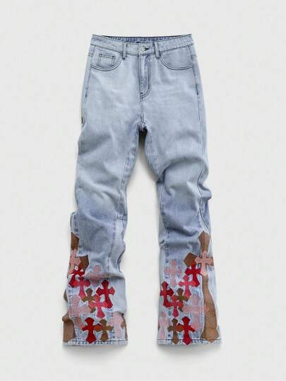 Street Life Men's Casual Washed Cross Embroidery Denim Jeans