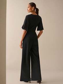 Lilora Salopetă elegantă pentru femei, cu mâneci evazate, în culoare solidă, de vară - Negru - Vizualizare 2