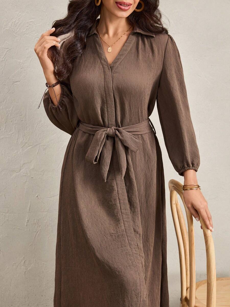 Wildy 美式乡村休闲度假棕色开衫系带中长连衣裙，适合女性，乡村音乐会服装，棕色连衣裙，翻领连衣裙，系带连衣裙，长袖连衣裙，亚麻连衣裙，棕色连衣裙，女教师服装，优雅女装，秋季女装，棕色连衣裙，橄榄绿半身裙 - 軍綠色 - 查看 1