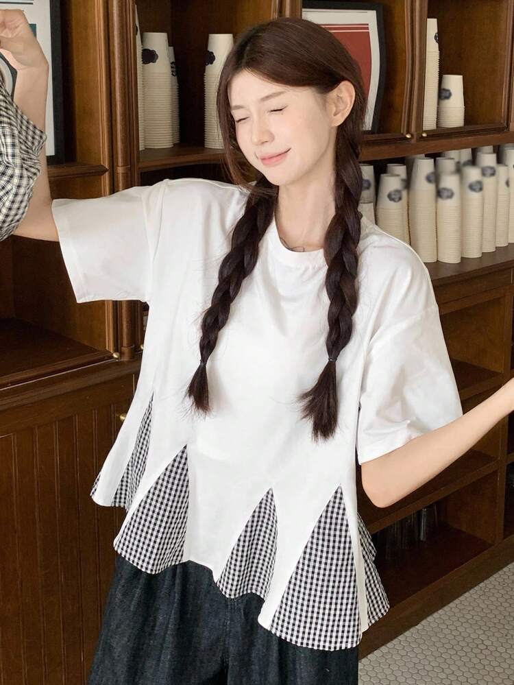 Women's Summer Round Neck Plaid Patchwork Fishtail Cropped Casual T-Shirt