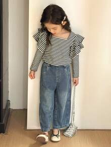 SHEIN 适合年轻女孩的基本款条纹T恤休闲针织上衣，适合返校、上学和居家穿着 - 黑色 - 查看 5