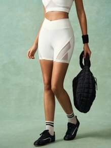 VARSITIE Workout Short Solid Color Mesh Patchwork Layered Waist Sports Shorts