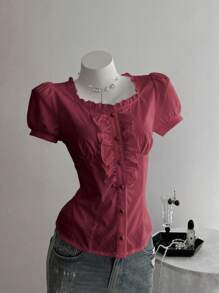 Elamini 女式纯色荷叶边短款泡泡袖单排扣时尚衬衫 - 紅色 - 查看 6