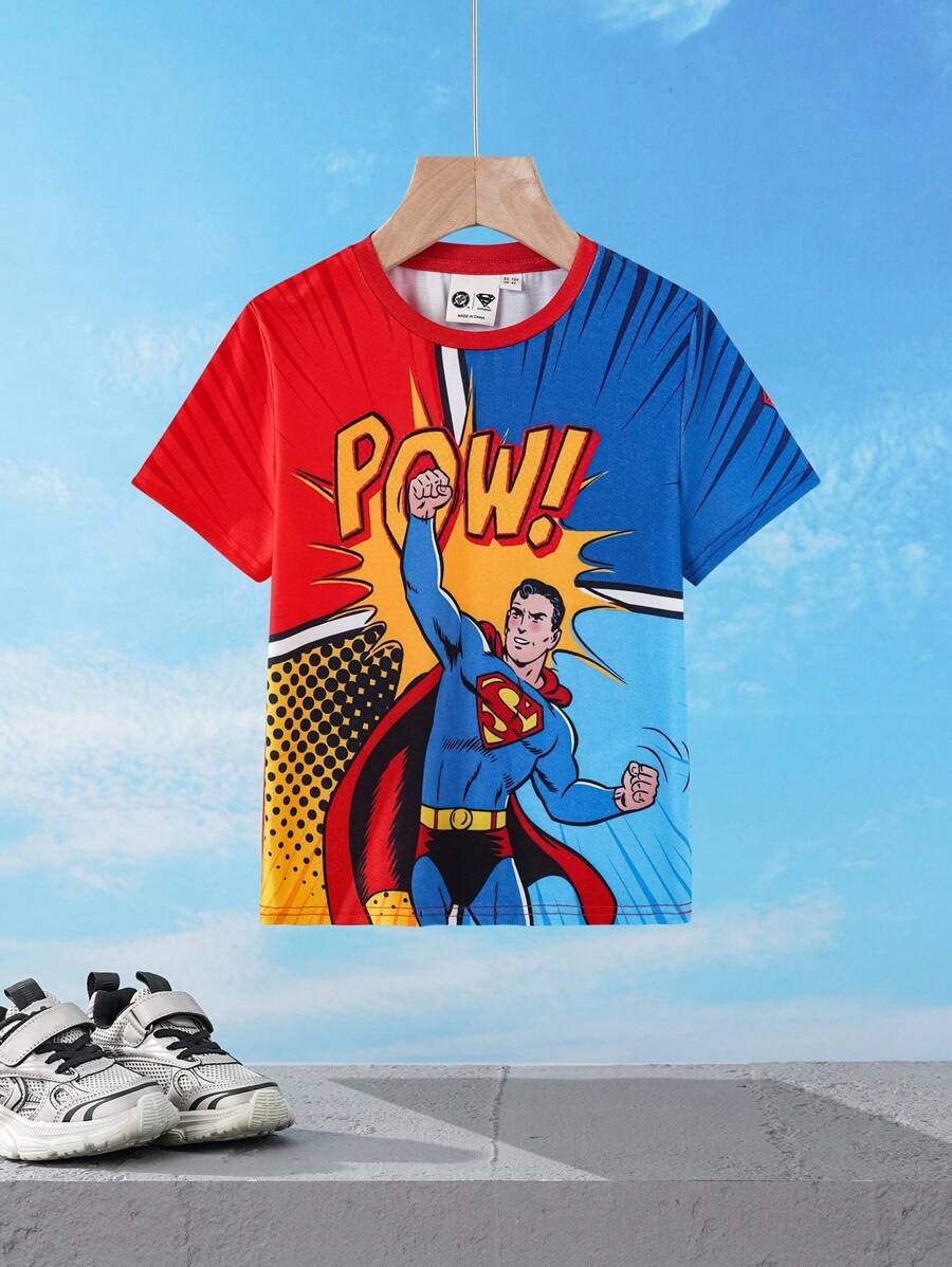 SUPERMAN X SHEIN Camiseta de manga corta con gráficos de superhéroes y letras en estilo de bloque de color casual de la calle para niño, verano - Multicolor - Ver 1