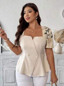 Vionelle 大码女式优雅奢华简约办公室女士/度假风格短袖衬衫，雪纺/提花撞色拼接，鸡心领，收腰设计，双排扣，适合春夏季