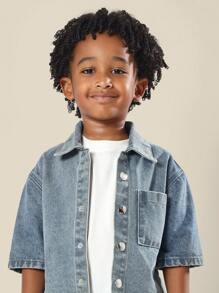 SUMWON 夏季棉质牛仔夹克短袖宽松校队字母印花队服休闲街头装领扣男童儿童青少年时尚 - 藍色 - 查看 3