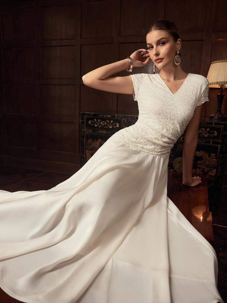 ZEYLAH V-NECK SHORT SLEEVE PATCHWORK LONG ELEGANT DRESS, EARLY AUTUMN