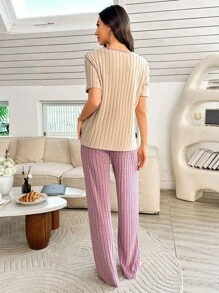 SHEIN 女士V领刺绣短袖阔腿裤休闲套装，简约 - 杏色 - 查看 2