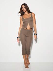 KIZN Gorsetowy top z kwadratowym dekoltem, zapinany na suwak, dopasowany, bez rękawów, swobodny, nowoczesny, jesienno-zimowy, letni, wiosenny, krótki top na każdą porę roku, niezbędny - Brązowy - Zobacz 3