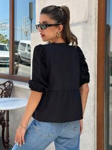 EURMUSE Jednolity kolor, Długi rękaw, Odkryte plecy, Wiązanie z przodu, Bluzki - Czarne - Zobacz 2