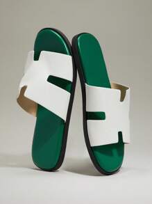 SHUZIA 男士纯白色素食皮革拖鞋，搭配绿洲绿色中底，奢华舒适，适合街头服饰和游艇俱乐部必备 - 綠色 - 查看 6