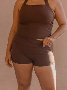 Aralina Curve Leisurewear 罗纹面料挂脖短款运动健身两件套 - 咖啡棕 - 查看 4