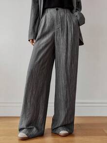 Dazy-Less 女士纹理条纹宽松商务休闲通勤办公室装衬衫开衫和直筒裤套装，适合秋季、春季和夏季 - 深灰色 - 查看 8