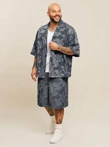 EASEVO Conjunto de camisa de media manga con efecto de denim y pantalones cortos para hombre de talla grande, adecuado para el verano