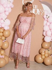 Loomaby 孕妇植物刺绣网眼露肩喇叭袖优雅连衣裙 - 紅色 - 查看 3