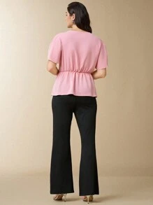 SHEIN Clasi Ladies' Casual Elegant Petal Short Sleeve Cut-Out V-Neck 3D Floral Belt Elastic Waist Ruffle Hem Blouse Top And Elastic Waist Flare Leg Pants 2 Pieces Set, Plus Size, Fall Women Clothes Fall Clothes Fall Women Outfits - Dusty Pink - View 2