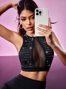 Slayform Top deportivo de mujer con diseño de rejilla y adornado con strass - Negro - Ver 7