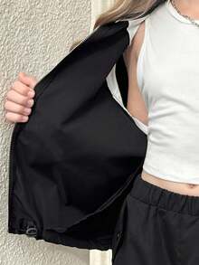 SHEIN Jaket Baseball Kerah Tegak dengan Warna Kontras untuk Remaja Perempuan, Kasual dan Serbaguna, Cocok untuk Kembali ke Sekolah, Cocok untuk Ibu dan Anak, Musim Gugur dan Musim Dingin - Hitam dan Putih - View 13