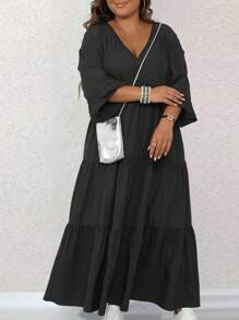 SHEIN LUNE Plus Size Solid Color Lantern Sleeve Brown Fall Dress, Spring Autumn Maxi Women Outfit - Black - View 6
