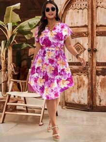 EMERY ROSE Váy họa tiết hoa không tay cổ chữ V cỡ lớn có thắt lưng - Hồng - Xem 4