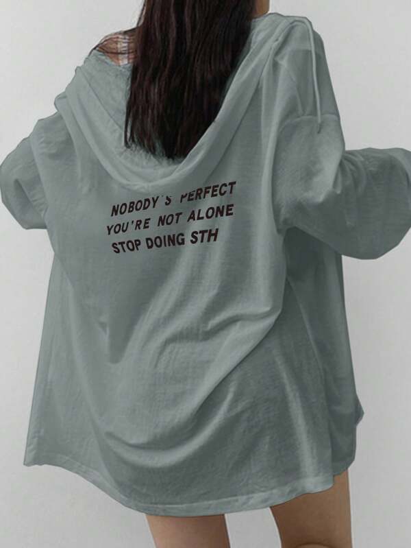 DAZY Women Oversized Hooded Cardigan With Back Print, Lightweight Thin Jacket, White, Spring/Summer/Autumn