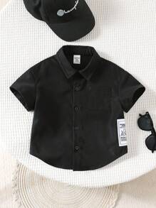 SHEIN Unisex Baby/Toddler Casual Fashionable Everyday Versatile Army Green Short Sleeve Woven Shirt, Suitable For Indoor, Outdoor, Daily Wear, Sports, Play, Party, Photo Shoot, Holiday, Festivities