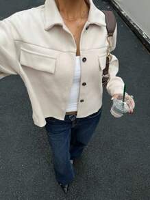 Flap Pocket Drop Shoulder Sleeve Button Front Tweed Jacket