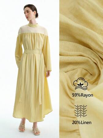 Aalyst Robe midi élégante et légère pour femmes, style bureau, décontracté, vacances, thé l'après-midi, festivals de musique et de bière, col dégagé en lin transparent, taille haute et fendu à l'ourlet, jaune pâle