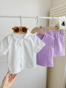 3-teiliges Lässig-Set für Baby Jungen: lila & weiße ärmellose Weste, Kurzarmhemd mit Kragen, Shorts - vielseitiges Outfit für Schule, Outdoor, Zuhause