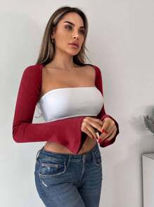 EURMUSE 96% Cotton Bell Sleeve Shrug Top Without Bra - Burgundy - View 3