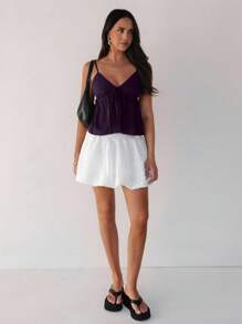 Almamuse 女式纯色前系带褶饰吊带背心 - 紫色 - 查看 5