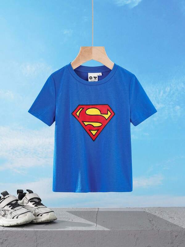 SUPERMAN X SHEIN Young Boy Cartoon Superhero Print Loose Fit Blue Short Sleeve T-Shirt, Stylish