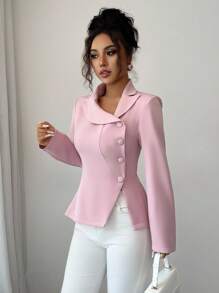 Elenzga Blazer élégant et mode pour femme, style décontracté pour le travail, avec une conception de col asymétrique, manches longues et ouverture sur le côté de la taille, en couleur unie