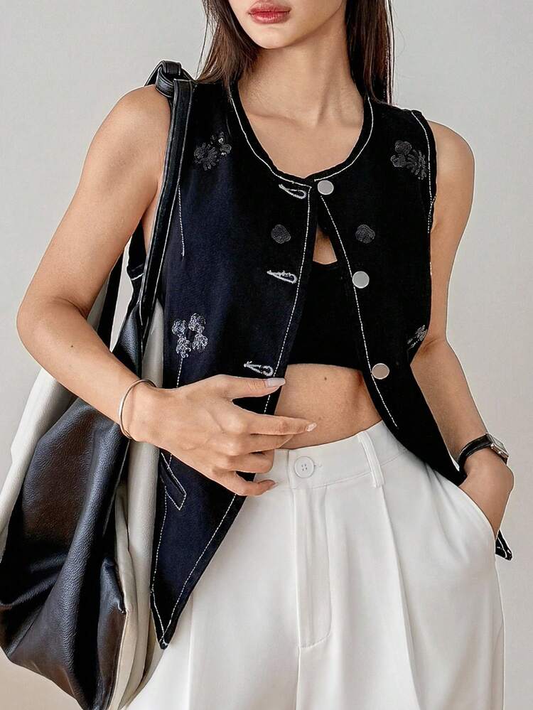 Vintage Washed Denim Vest For Women, Beaded Flower Embellished Slim Fit Lightweight Jacket, Casual Business Wear, Spring Summer Autumn