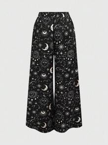 ROMWE Women's Loose Fitting Hippie Style Crescent Moon & Star Print Wide Leg Pants, Suitable For Holiday - Black and White - View 2