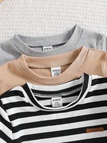 SHEIN 3 Piece Set Baby Boy Crew Neck Long Sleeve Tees,Black And White Striped,Plain,Autumn,Casual,Carrer Day,Back-To-School,Thicker Thermal Lined Soft Tops - Multicolor - View 6