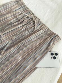 Comfortcana 棉麻纹理条纹系带腰部舒适休闲大码裤子 - 彩色 - 查看 6