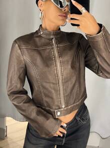 SHEIN ICON Women's Zip Front Stand Collar Fashion PU Leather Long Sleeve Jacket Fall Women Clothes