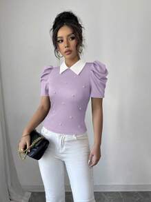 Elenzga 优雅日常穿着领口黑白拼布串珠紧身女式T恤 - 紫色 - 查看 5