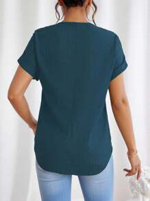 EMERY ROSE Women Half Placket Zipper Batwing Sleeve Casual Solid Color Blouse - Blue - View 2